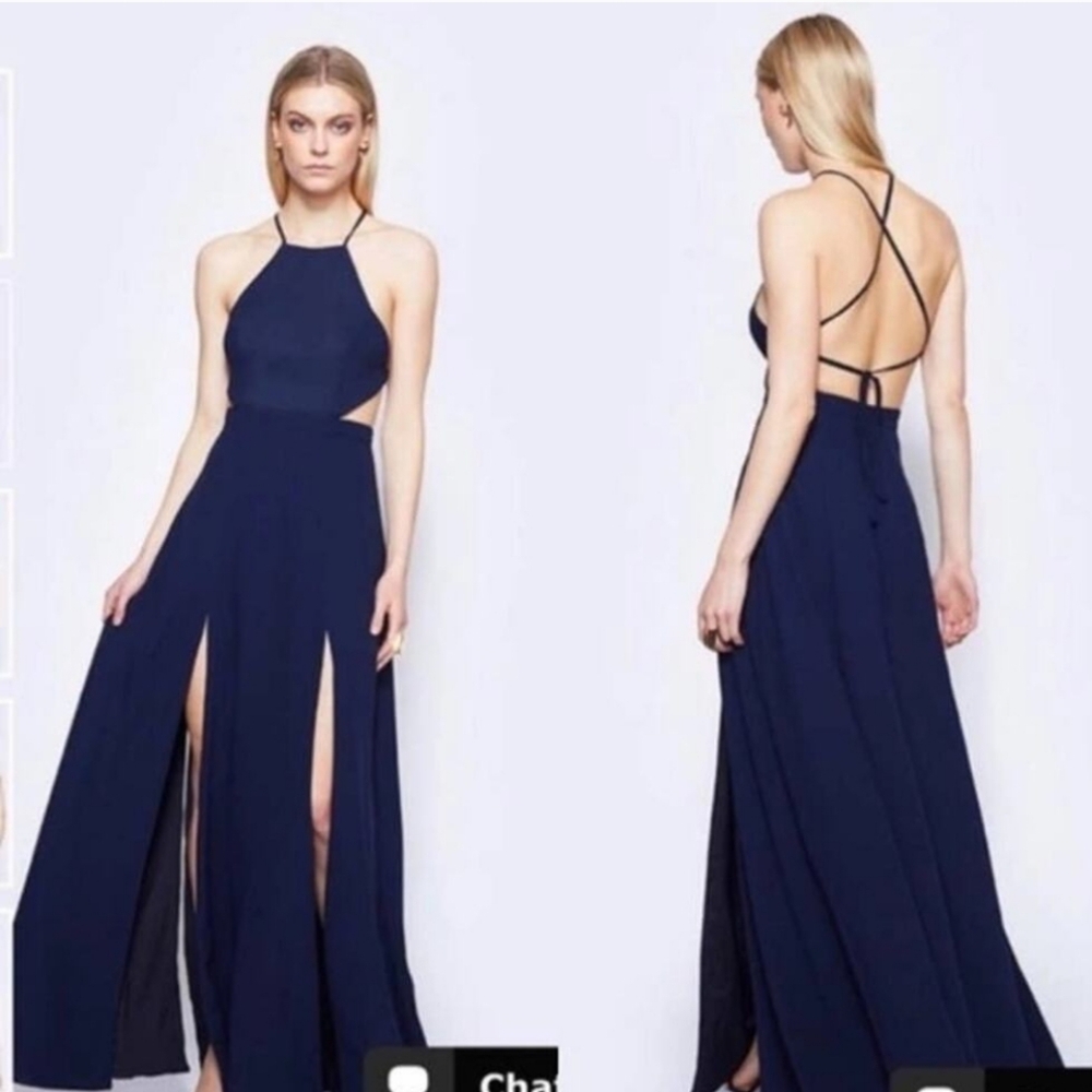 Fame And Partners Navy Backless Dreamer Gown High Slits